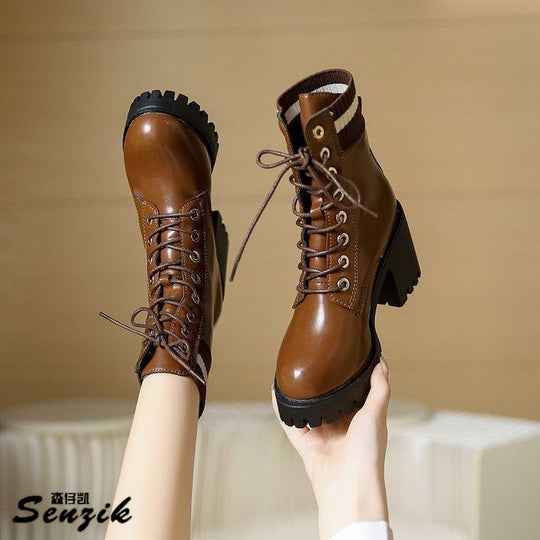 Damen Schnürstiefel mit robustem Blockabsatz und elastischem Strickkragen