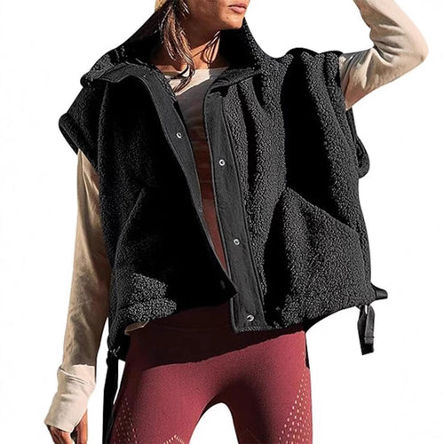 Damen Übergroße Teddyfleece-Weste mit Kapuze und Druckknöpfen Shop Nory