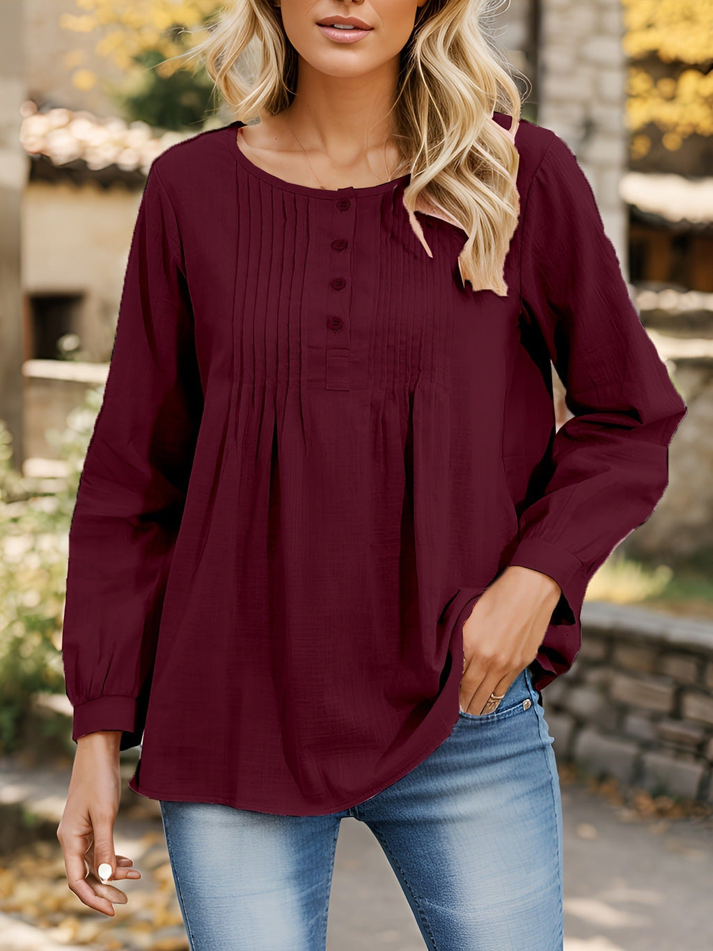 Damen Bluse mit Falten und Knopfleiste Shopnory