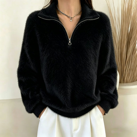 Damen Flauschiger Halbzipp-Pullover mit Stehkragen Shop Nory