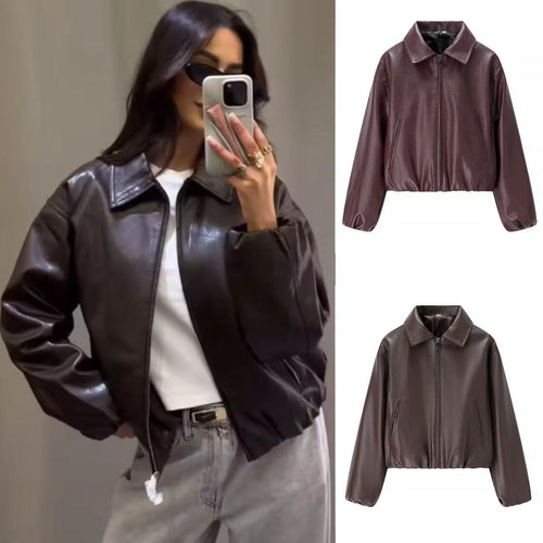Damen Kurz geschnittener Lederimitat-Blouson mit Reißverschluss und Gummizugsaum Shop Nory