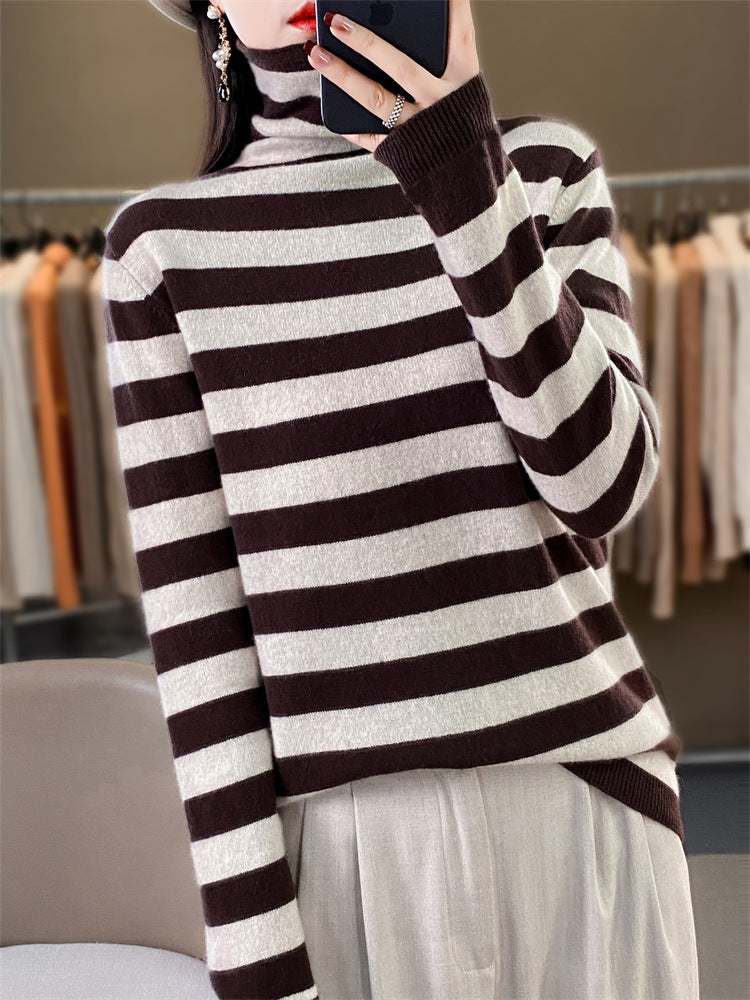 Damen Lässiger gestreifter Rollkragenpullover aus Wollmix mit legerer Passform Shop Nory