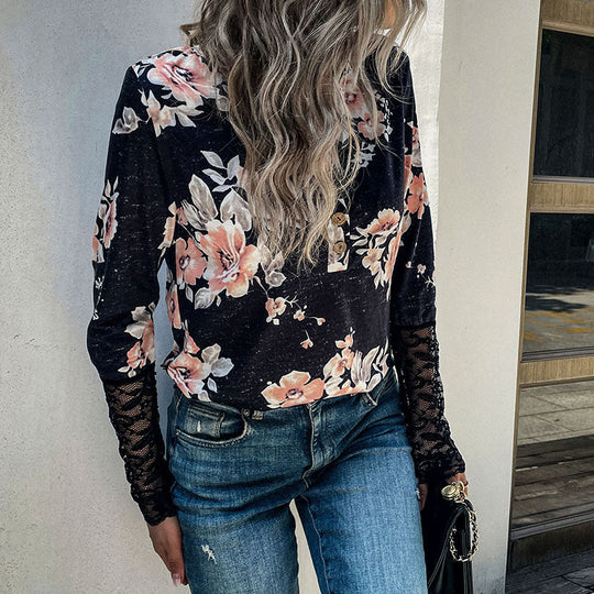 Damen Henley-Top mit Rosenprint, Spitzenmanschetten und Zierknopfleiste Shop Nory