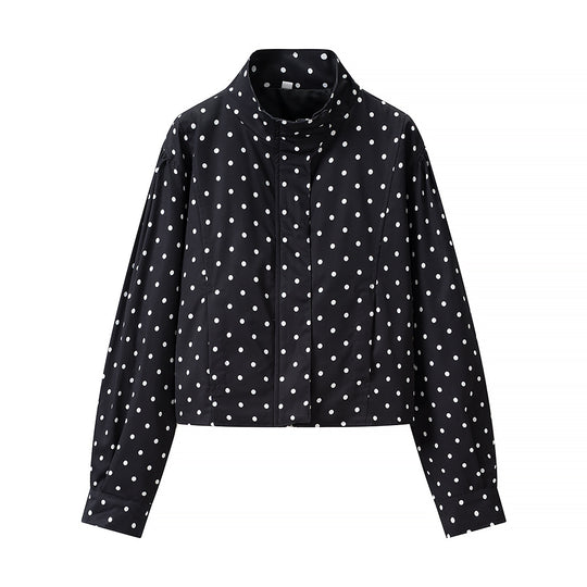 Damen Gepunktete Kurzjacke mit Stehkragen und verdeckter Druckknopfleiste Shop Nory
