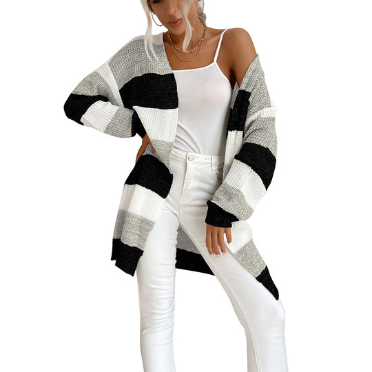 Damen Langer Oversize-Strickcardigan mit Blockstreifen und offener Front Shop Nory