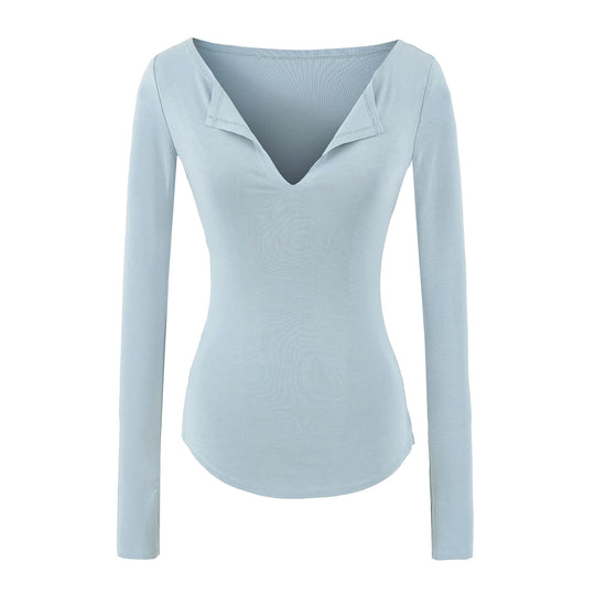 Damen Figurbetontes Rippenstrick-Longsleeve mit tiefem V‑Ausschnitt und Kragenblende Shop Nory