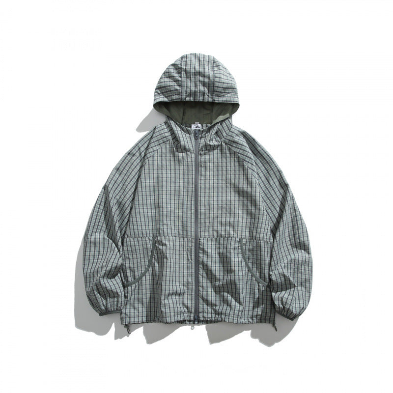 Unisex Leichte Kariert Windbreaker-Jacke mit Kapuze, Raglanärmeln und Kordelzug Shop Nory