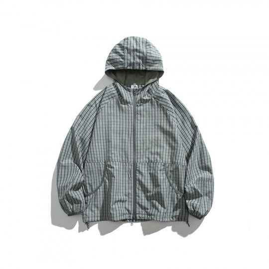 Unisex Leichte Kariert Windbreaker-Jacke mit Kapuze, Raglanärmeln und Kordelzug Shop Nory