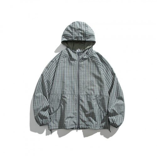 Unisex Leichte Kariert Windbreaker-Jacke mit Kapuze, Raglanärmeln und Kordelzug Shop Nory