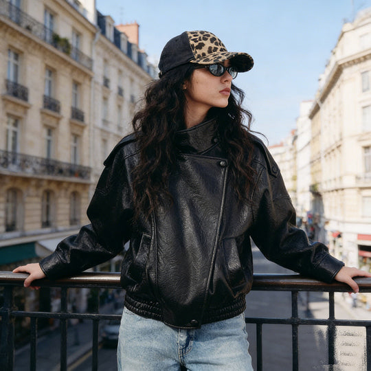 Damen Oversize Bikerjacke aus Kunstleder mit Stehkragen und Schulterklappen Shop Nory