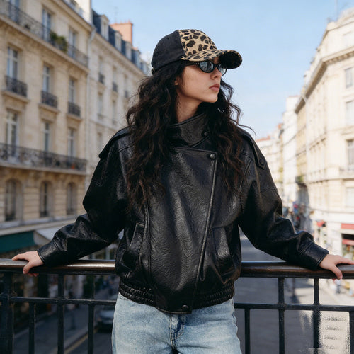 Damen Oversize Bikerjacke aus Kunstleder mit Stehkragen und Schulterklappen Shop Nory