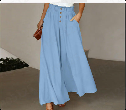 Damen weite Leinenhose mit hohem, gerafftem Bund und Knopfverzierung Shop Nory