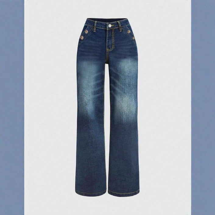 Damen Hochtaillierte weite Denimhose mit dekorativer Knopfleiste und lässigem Schlag Shop Nory