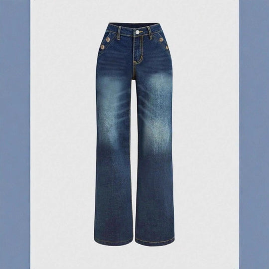 Damen Hochtaillierte weite Denimhose mit dekorativer Knopfleiste und lässigem Schlag Shop Nory