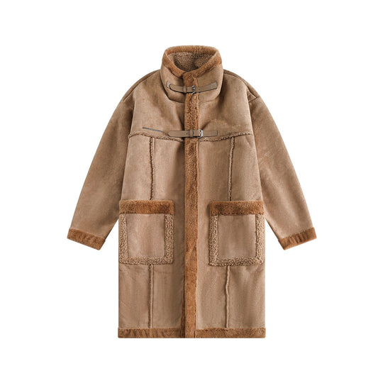 Damen Langer Oversize Lammfell‑Imitat Mantel mit Stehkragen und Schnallenverschluss Shop Nory