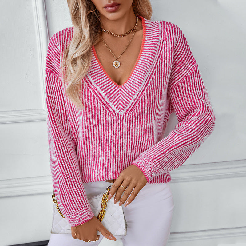 Damen Strickpullover mit V-Ausschnitt und gestreiftem Design Shopnory