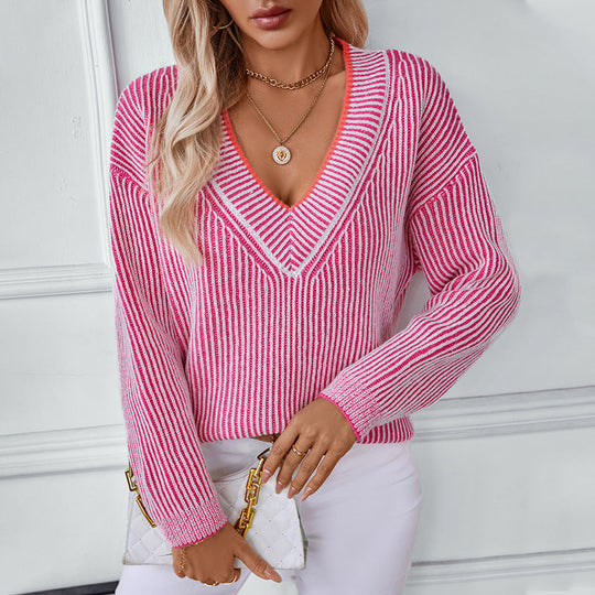 Damen Strickpullover mit V-Ausschnitt und gestreiftem Design Shopnory