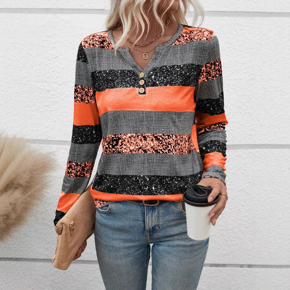 Damen Langarmshirt mit schimmernden Streifen und Knopfdetails