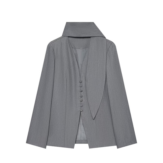 Damen Eleganter Longline-Blazer mit hohem Funnelkragen und überziehbaren Stoffknöpfen Shop Nory