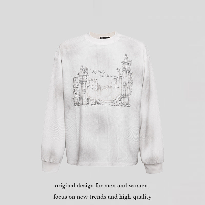 Damen Oversize-Sweatshirt mit Waffelstruktur, Rundhalsausschnitt und Ruinen-Skizzenprint Shop Nory