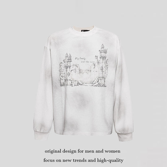 Damen Oversize-Sweatshirt mit Waffelstruktur, Rundhalsausschnitt und Ruinen-Skizzenprint Shop Nory