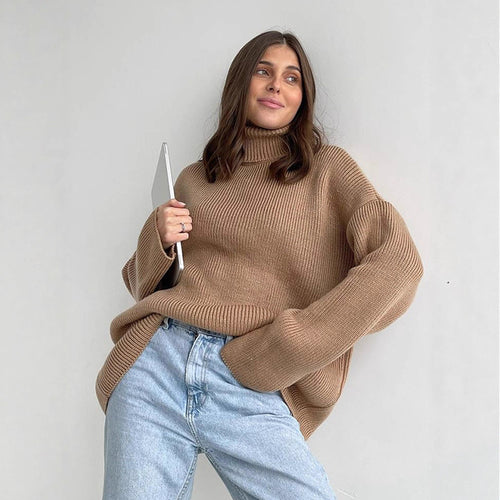 Damen Oversized Rippenstrick Rollkragenpullover mit verlängerter Manschette Shop Nory