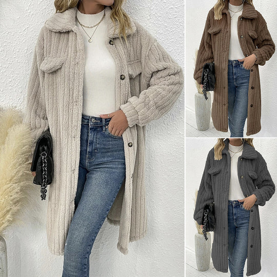 Damen nan langer Teddy-Mantel mit Schalkragen und aufgesetzten Brusttaschen Shop Nory