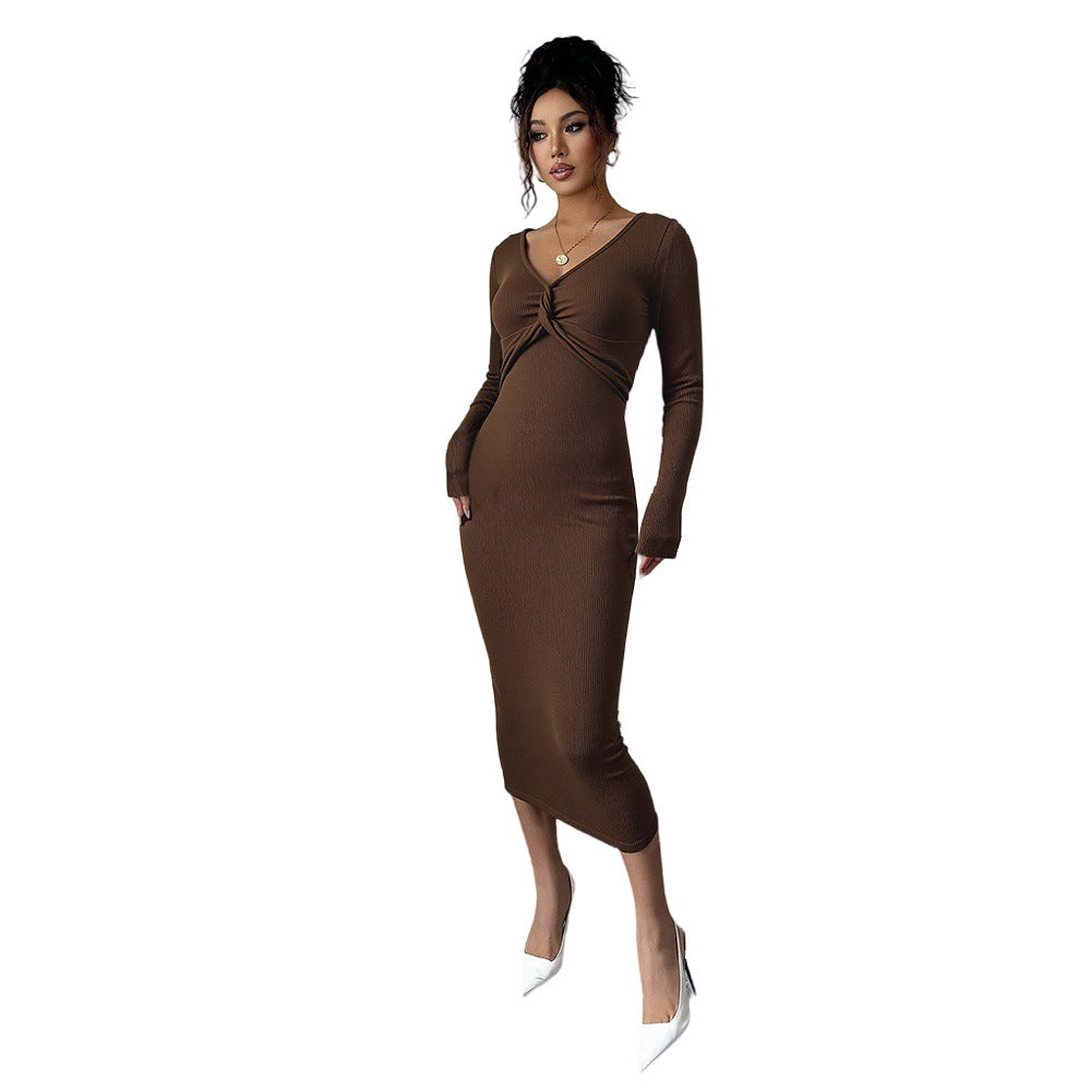Damen geripptes Midikleid mit Twist-Detail, V-Ausschnitt und taillierter Stretch-Silhouette Shop Nory