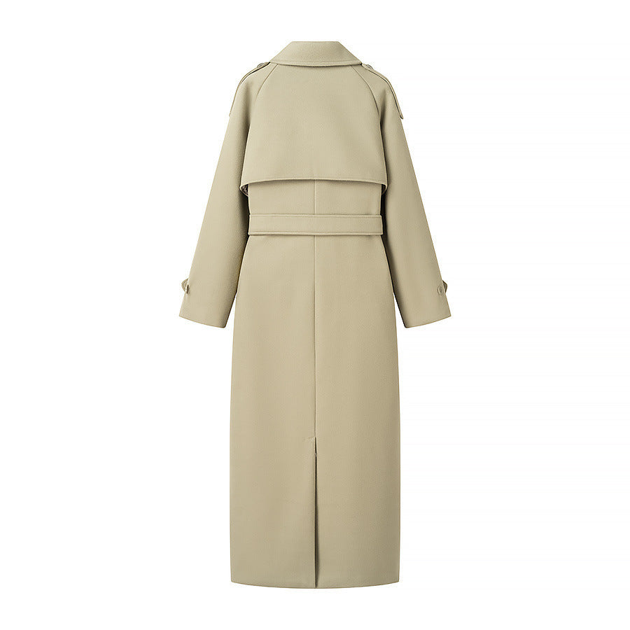 Damen Langer taillierter Trenchcoat mit Bindegürtel, Schulterpatten und doppelreihiger Knopfleiste Shop Nory