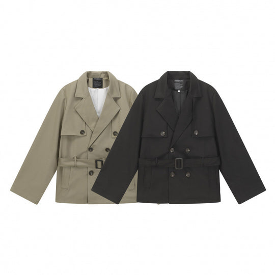 Unisex Kurze doppelte Blouson-Trenchjacke mit Taillengürtel und kastiger Silhouette Shop Nory