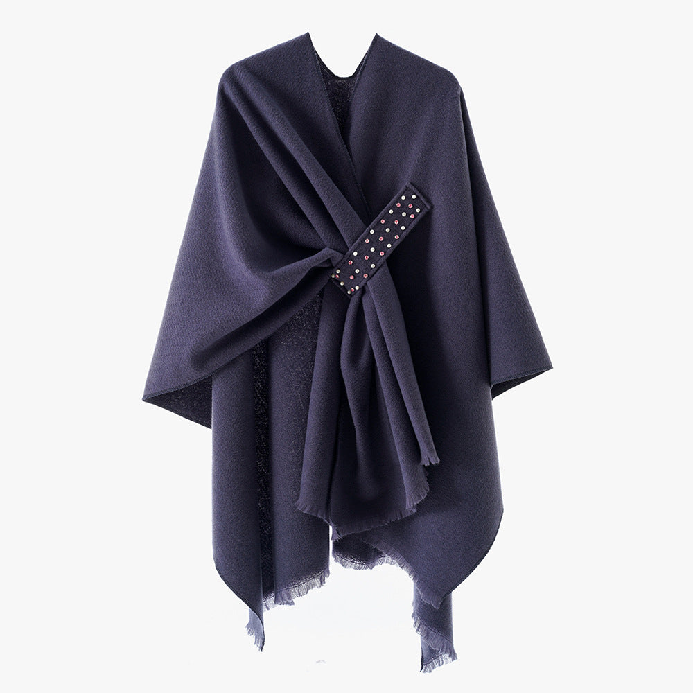 Damen Eleganter Wickel-Umhang aus Wollmischung mit Taillenschärpe und Fransensaum Shop Nory