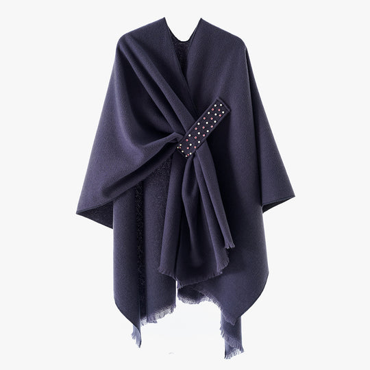 Damen Eleganter Wickel-Umhang aus Wollmischung mit Taillenschärpe und Fransensaum Shop Nory
