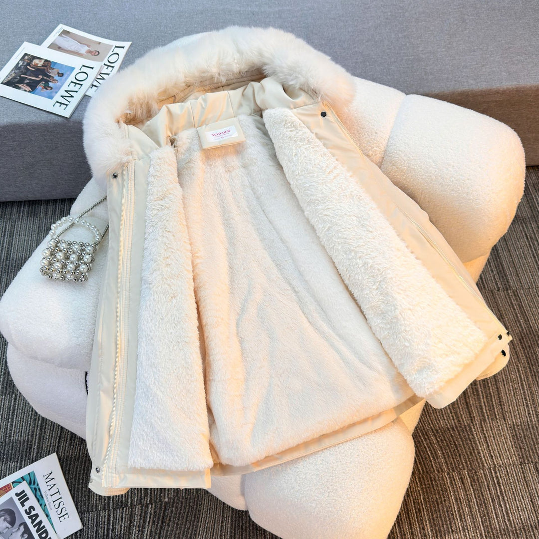 Damen nan kurze gefütterte Parka mit Kunstpelzkragen Teddyfutter Taillenzug und Multifunktions-Taschen Shop Nory