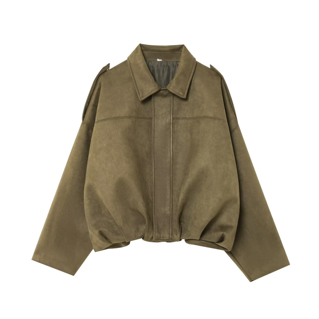 Damen Gekürzte Wildlederoptik-Blousonjacke mit Taillen-Smock und Schulterpatten Shop Nory
