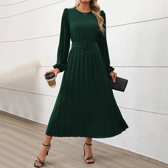 Damen Plissiertes Midikleid mit Taillengürtel, langen Puffärmeln und seitlichem Schlitz Shop Nory