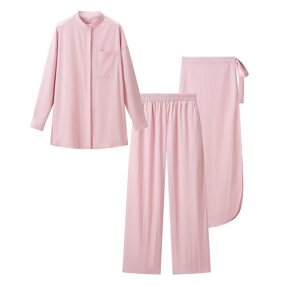 Damen Dreiteiliges Loungewear-Set mit Stehkragen-Hemd, Elastischer Palazzo-Hose und Wickelrock Shop Nory