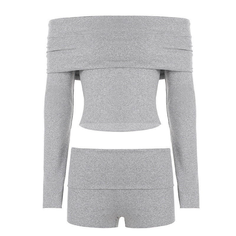 Damen nan Off-Shoulder Lounge-Set mit Langarm-Croptop und Highwaist-Shorts aus Stretchjersey Shop Nory