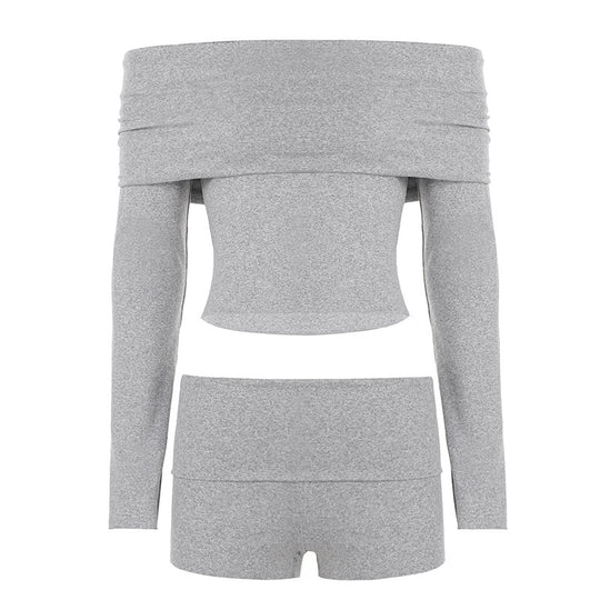 Damen nan Off-Shoulder Lounge-Set mit Langarm-Croptop und Highwaist-Shorts aus Stretchjersey Shop Nory