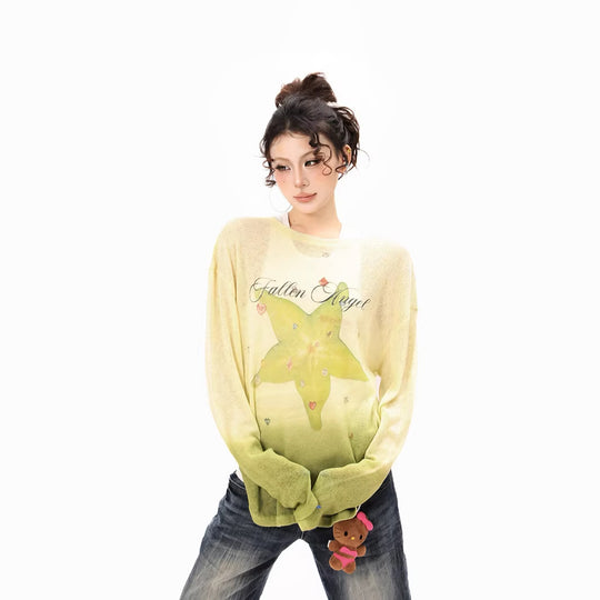 Damen Langarmshirt aus weichem Feinstrick mit Dip-Dye‑Gradient und Sternblüten‑Print Shop Nory
