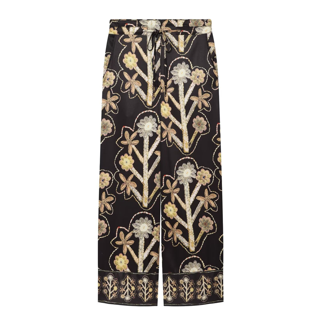 Damen Weite Satin-Palazzohose mit floralem Stickereimotiv und Tunnelzug Shop Nory