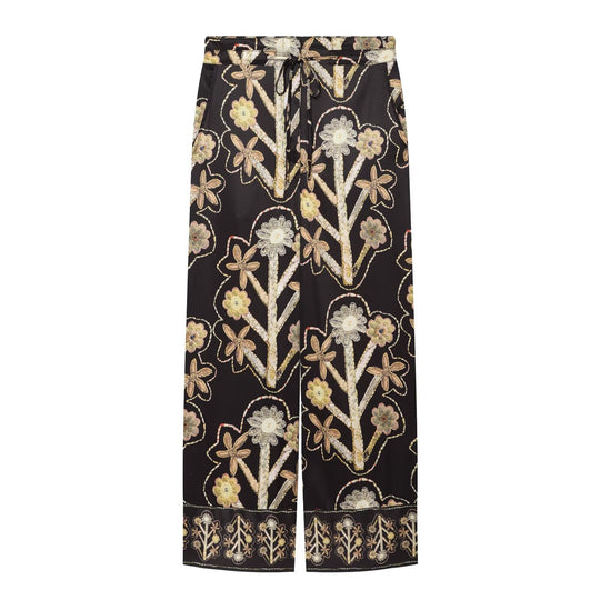 Damen Weite Satin-Palazzohose mit floralem Stickereimotiv und Tunnelzug Shop Nory