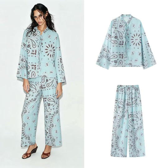 Damen Weite Palazzo‑Hose mit Paisley‑Print, hohem Bund und elastischem Gummizug Shop Nory
