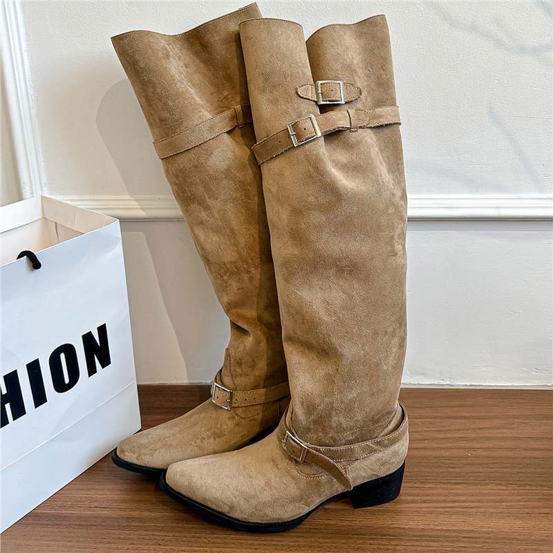 Damen Kniehohe Stiefel im Reiterstil mit verstellbaren Schnallen Shop Nory