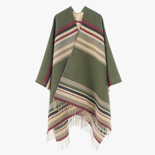 Damen Oversize Deckenponcho aus Wollmix mit gestreifter Bordüre und Fransen Shop Nory