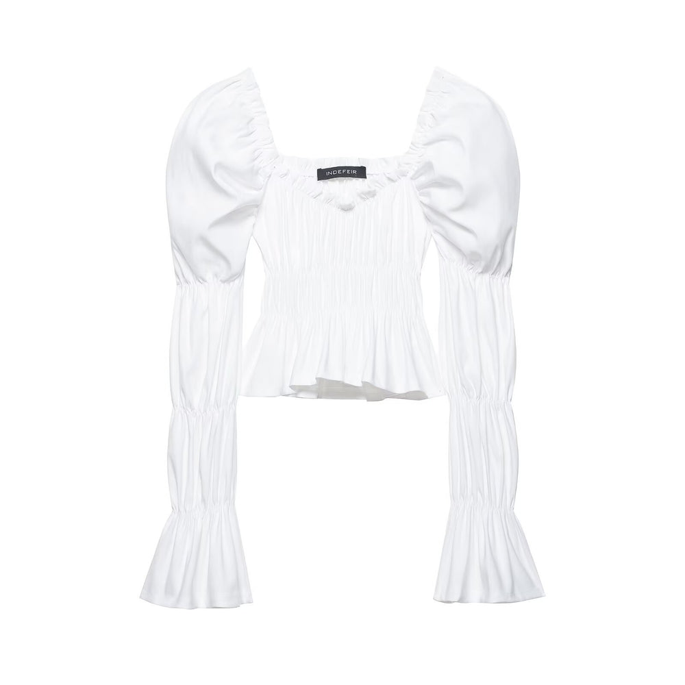 Damen Gerafftes Carmen-Crop-Top mit Puffärmeln, smockierter Taille und Stufenärmeln Shop Nory