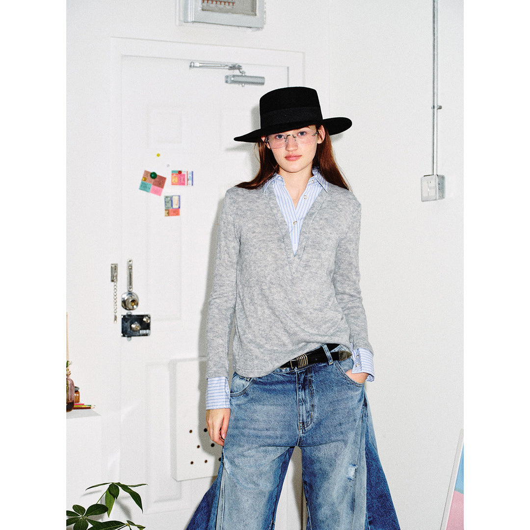 Damen Lagenlook-Pullover mit integriertem Hemdkragen und Manschetten Shop Nory