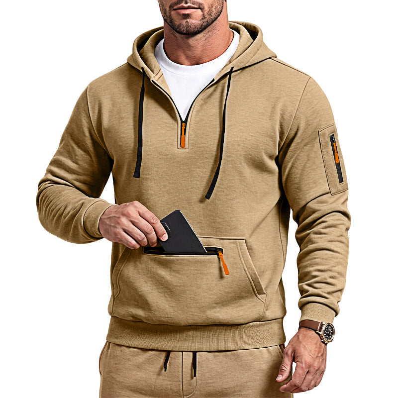 Herren sportlicher Kapuzenpullover mit halbem Reißverschluss und verschließbarer Kängurutasche Shop Nory
