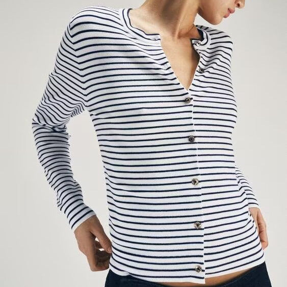 Damen Maritimer Feinstrick-Cardigan mit feinen Streifen und Perlmuttknöpfen Shop Nory