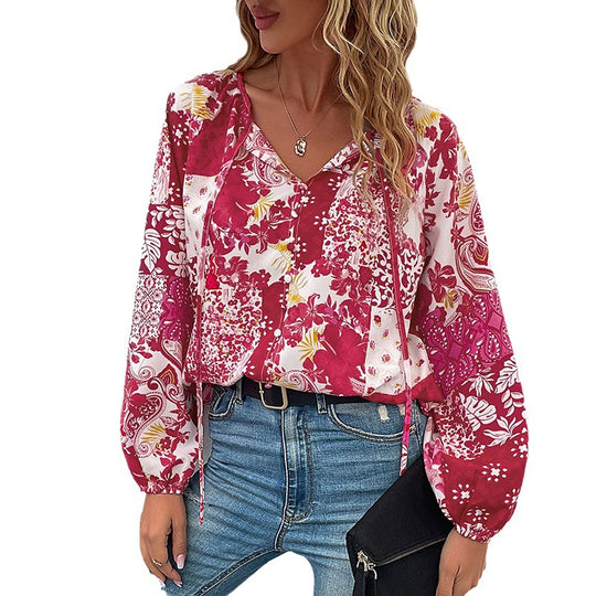 Damen Leichte Boho-Bluse mit Patchwork‑Print, Bindeschlitz und Ballonärmeln Shop Nory