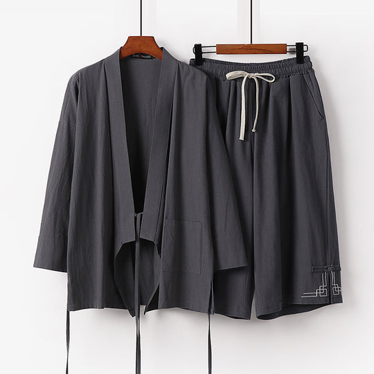 Damen Zen-Kimono-Lounge-Set aus atmungsaktivem Baumwollmix mit Bindebandjacke und weiten Culotte-Hose Shop Nory